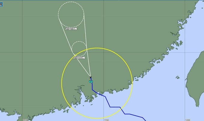 【台風12号】上陸し暴風域は消失 急速に衰弱しあす27日未明までに熱帯低気圧へ【降水と風のシミュレーション】　|　富山のニュース｜天気・防災｜チューリップテレビ