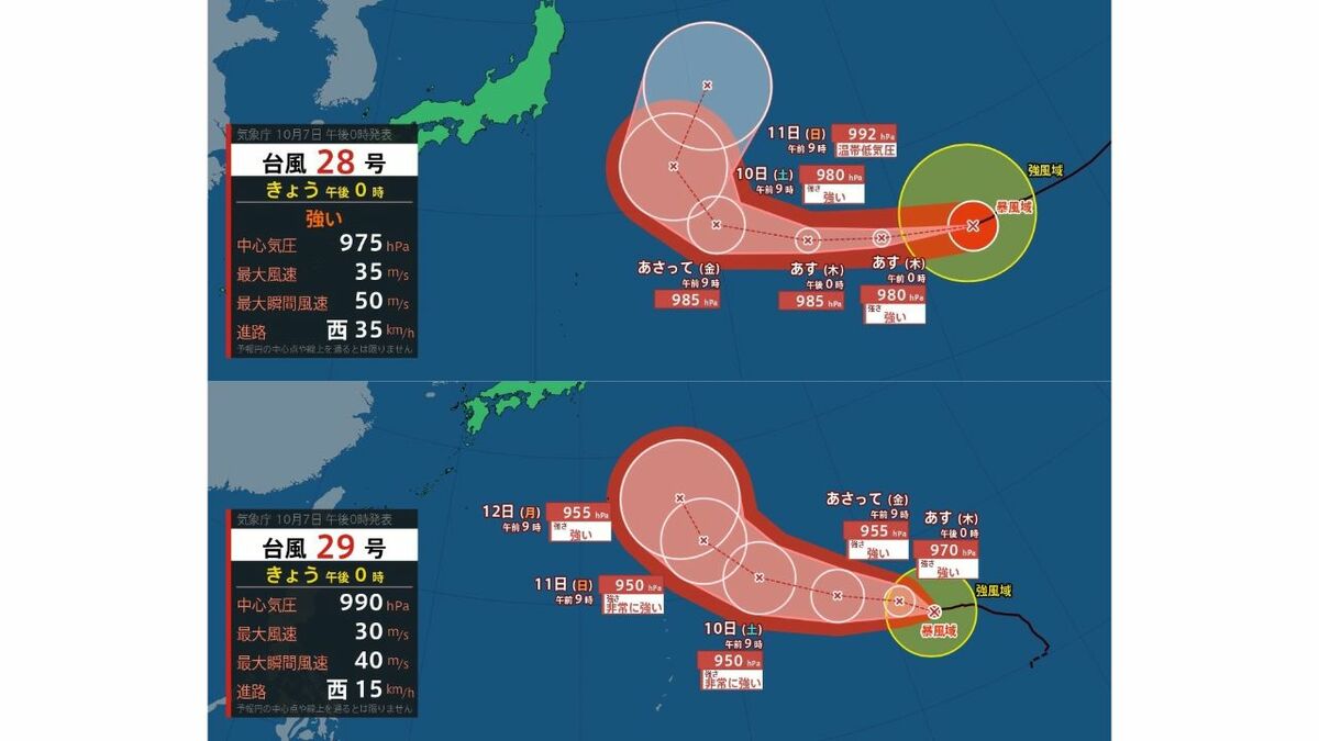 【全般台風情報】「台風29号(コグマ）」の今後の進路・日本への影響は？「トリプル台風」18日にかけての雨風シミュレーション【気象庁7日19時15分発表】