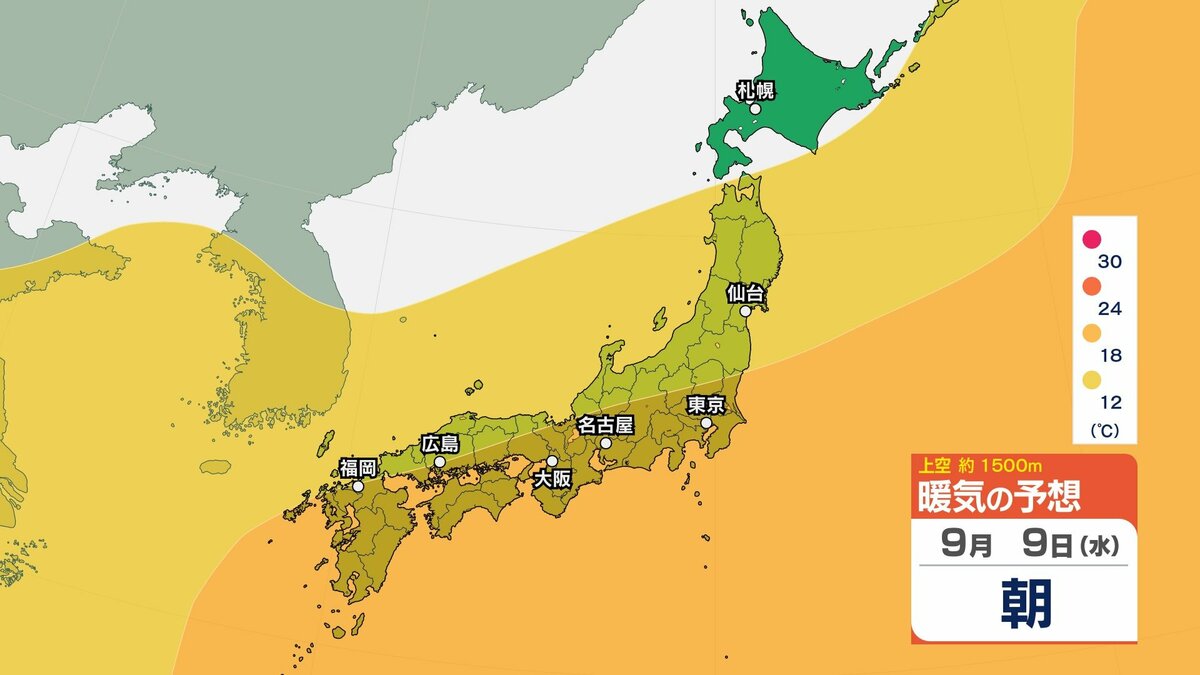 【気象情報】9月9日ごろ～「この時期としては10年に1度程度しか起きないようなかなりの高温」の可能性…気象庁が東北～九州にかけて早期天候情報を発表...平年差＋2.7℃以上の地域も...暖気シミュレーションで確認