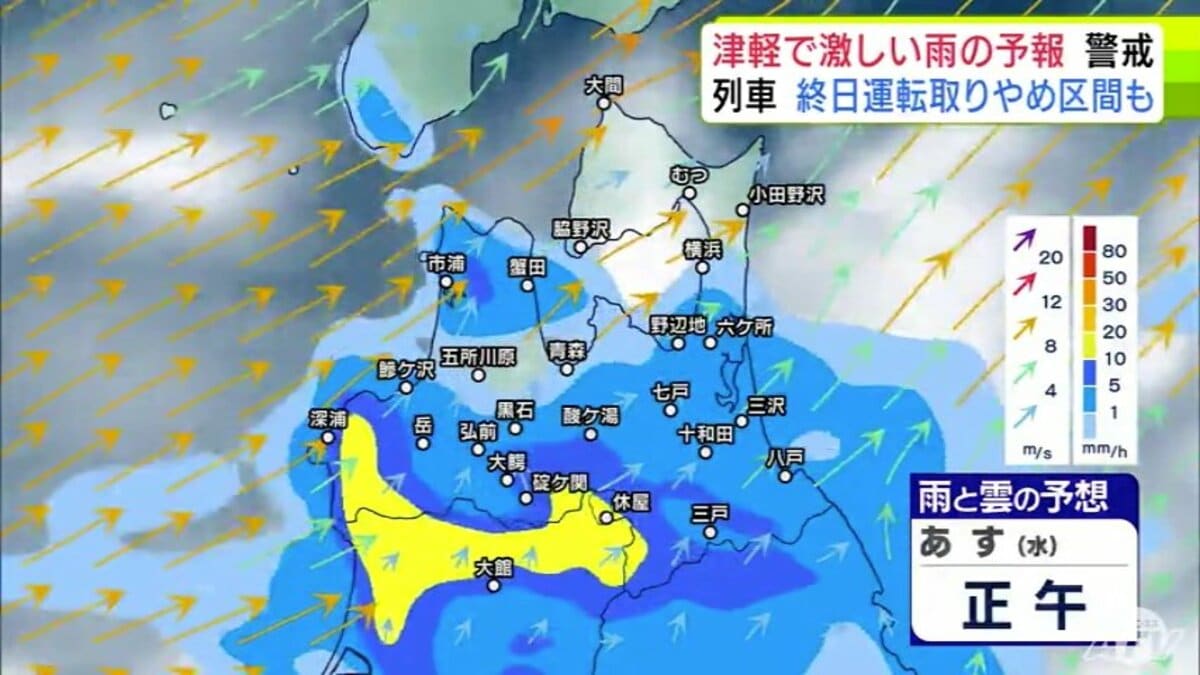大雨情報】青森県「津軽」で大雨の見込み 20日までの24時間の予想降雨