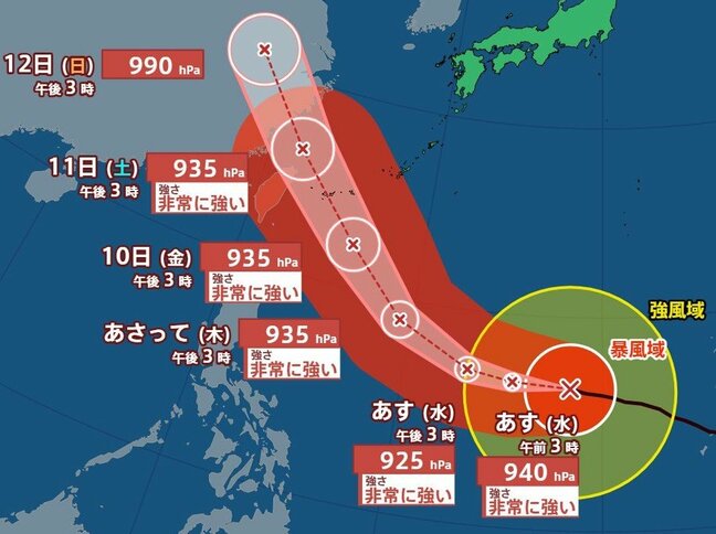 【台風情報】大型で非常に強い台風9号(バービー)10日(金)~11日(土)にかけ沖縄地方に影響か【雨と風のシミュレーション】中心気圧は935hPa 最大瞬間風速は70m/s(7日午後3時45分発表・気象庁)|TBS NEWS DIG