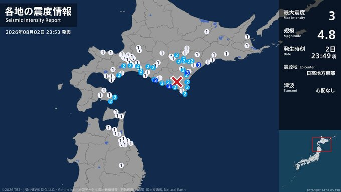 北海道で最大震度3の地震　北海道・新ひだか町、浦河町、幕別町、浦幌町|TBS NEWS DIG