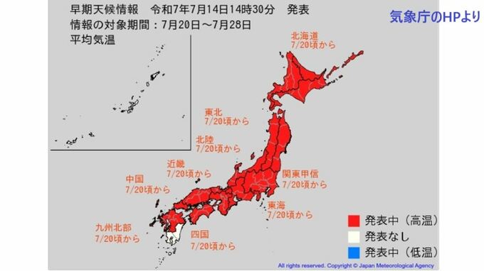 20日から『かなりの高温』になる見込み　東北＋2.4℃以上　関東甲信、北陸＋2.3℃以上　北海道、東海、近畿、中国、四国、九州北部地方（山口県を含む）【2週間気温予報】|TBS NEWS DIG