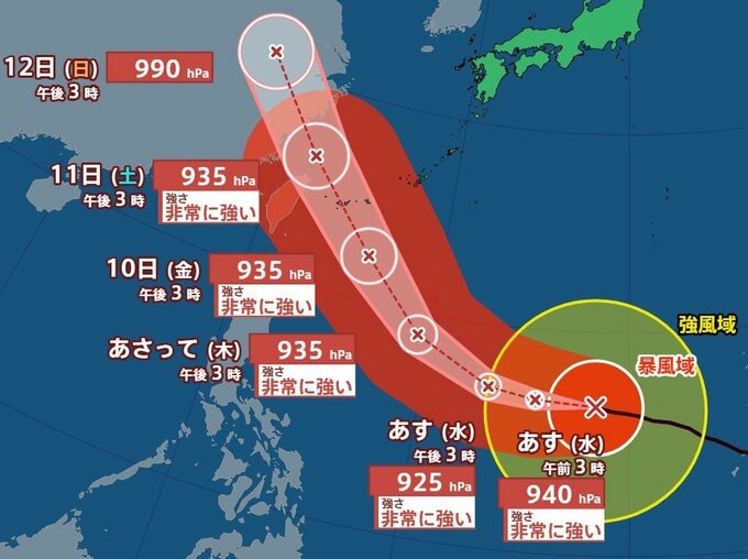 【台風情報】大型で非常に強い台風9号（バービー）10日（金）～11日（土）にかけ沖縄地方に影響か【雨と風のシミュレーション】中心気圧は935hPa  最大瞬間風速は70m/s（7日午後3時45分発表・気象庁）|TBS NEWS DIG