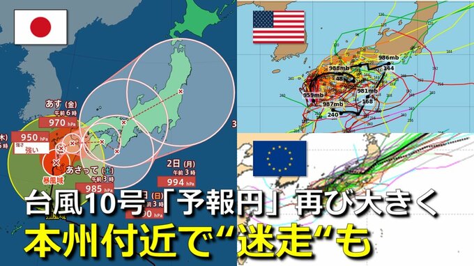 【台風情報】台風10号九州上陸　週末は本州付近で “迷走”の可能性も　「大きな予報円」が東北から西日本まで　速度上がらず停滞のおそれも　海外予報機関もブレ幅大きく　気象庁・アメリカ・ヨーロッパ進路予想比較【雨・風シミュレーション】|TBS NEWS DIG