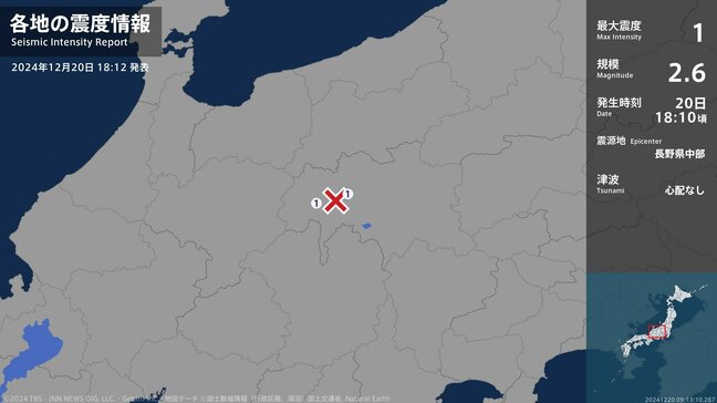 松本市で震度1の地震、震源の深さは約10km、マグニチュードは2.6と推定|TBS NEWS DIG