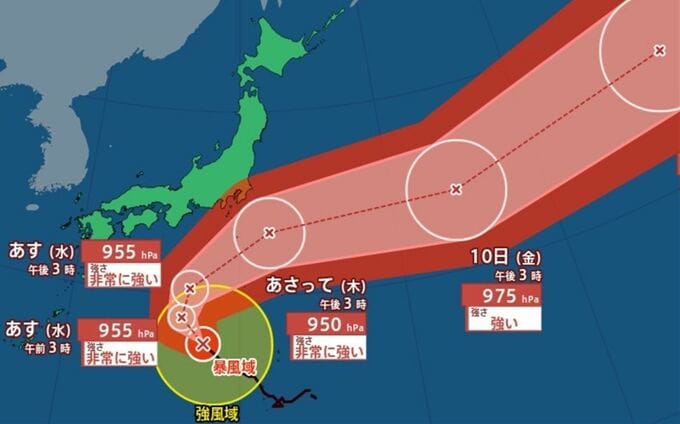 【台風情報】強い台風22号　9日に非常に強い勢力で伊豆諸島付近へ　一部の住家が倒壊するおそれも　最大瞬間風速65 m/sの猛烈な風が吹く見込み　【進路予想　雨と風のシミュレーション　全国各地のあすの天気・週間天気予報】　|　山梨のニュース | ＵＴＹテレビ山梨