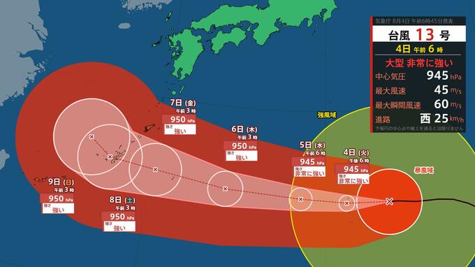 【台風情報】非常に強い台風13号、速度低下週末に沖縄直撃へ(中心気圧950 hPa・最大瞬間風速60 m/s予想)　進路北寄りに変え東シナ海を「ゆっくり」北上か　影響長期化おそれ【4日(火)午前7時現在】|TBS NEWS DIG