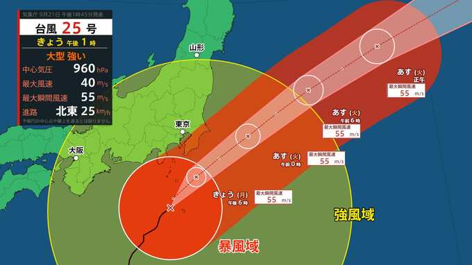 【台風情報】関東に接近中…大型の台風25号(ドゥージェン)　最大瞬間風速55m/sで北東へ進む　今どこに？今後は…進路予想、雨風シミュレーション、全国の天気　|　山形のニュース│TUYテレビユー山形