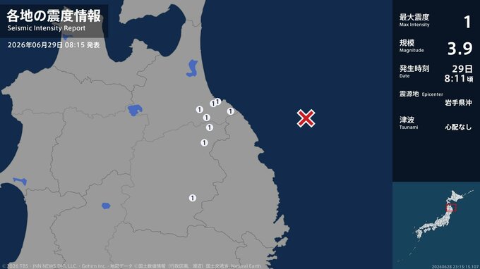 青森県、岩手県で最大震度1の地震　青森県・八戸市、青森南部町、階上町、岩手県・盛岡市、軽米町、九戸村|TBS NEWS DIG