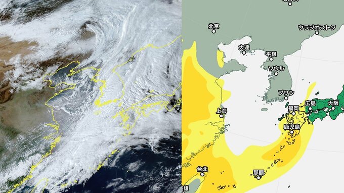 【黄砂予想】17日（金）黄砂まじりの雨に注意　西日本中心に黄砂飛来の可能性　大陸にはうっすら茶色いエリア　PM2.5も一時やや高め予想|TBS NEWS DIG