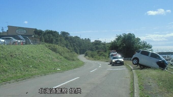 道の駅の駐車場から斜面下の道路に転落し柵に衝突した乗用車