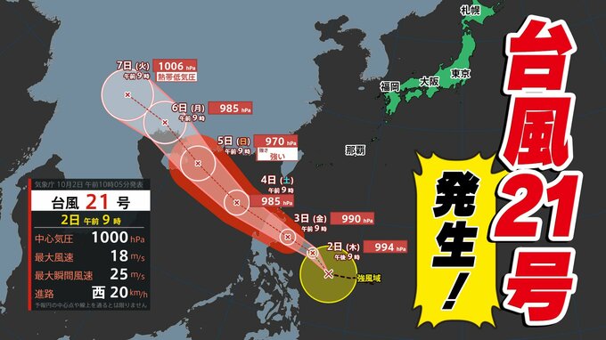 【台風情報】台風２１号発生 気になる進路は？ 次の「反時計回りの渦」も 【雨・風シミュレーション１０月３日（金）～１２日（日）】気象庁の進路予想  台風情報２０２５|TBS NEWS DIG