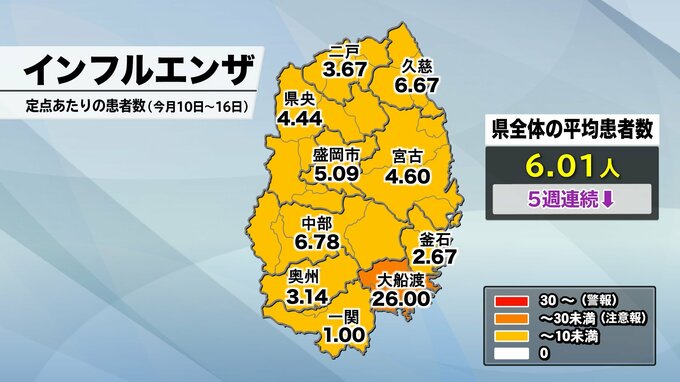 インフルエンザ患者数、5週連続で前週下回る　新型コロナも5週連続前週下回る　岩手|TBS NEWS DIG