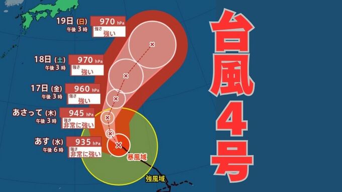 【台風情報】大型で猛烈な「台風4号」　最大瞬間風速は75メートル 17日（金）には小笠原近海予想　今後の進路は？14日（火）～19日（日）雨風シミュレーション【気象庁 14日午後9時】|TBS NEWS DIG
