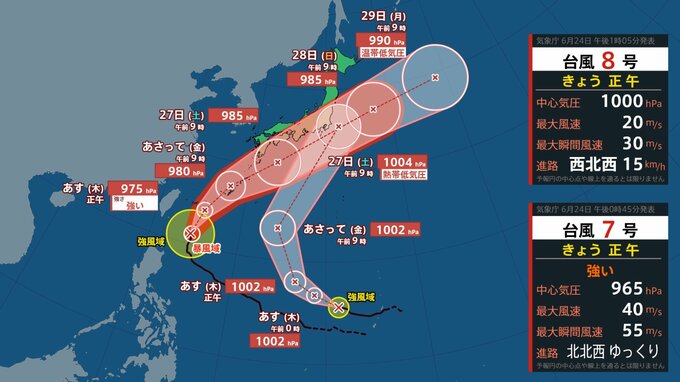【台風情報】強い勢力...週末日本列島横断のおそれ 27日（土）「台風7号（メーカラー）」　四国沖に接近か「台風8号（ヒーゴス）」は日本に急接近か...雨風シミュレーションを確認【気象庁24日午後2時更新】|TBS NEWS DIG