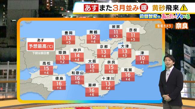 【近畿の天気】１５日（木）は朝は底冷え　昼間は日ざし暖か　黄砂の影響や夜のにわか雨には要注意　帰りの遅い方は折りたたみ傘を|TBS NEWS DIG