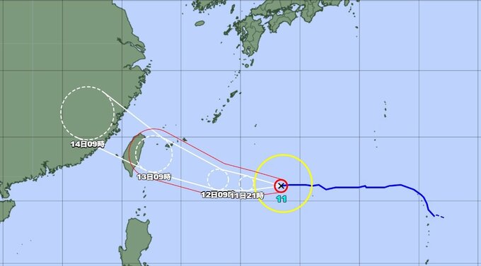 【台風情報】台風11号　強い台風ではなくなり、日本の南を１時間におよそ２０キロの速さで西へ　14日9時には熱帯低気圧に変わり華中へ【雨風シミュレーション】　|　富山のニュース｜天気・防災｜チューリップテレビ