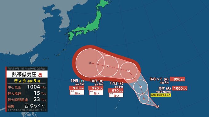 【台風情報】新たな“台風”15日午前中にも発生か…シルバーウィーク間近、関東はじめ日本への影響は？今後の予想進路・全国の雨と風のシミュレーションを見る（気象庁）|TBS NEWS DIG