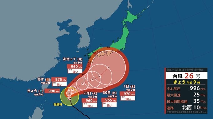 【台風情報】台風26号（スリゲ）は発達しながら北東進　1日には強い勢力で日本の南へ　南西諸島は高波に警戒　雨長引く所も（26日午前9時現在）【雨風シミュレーション26日～10月1日】|TBS NEWS DIG