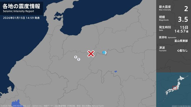 【速報】松川村で震度2を観測　震源は富山県東部　マグニチュードは3.5と推定　午後2時57分ごろ　長野|TBS NEWS DIG