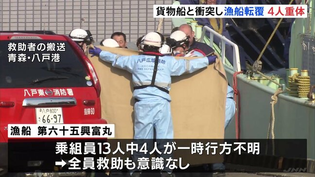 貨物船と衝突し漁船転覆　全員救助も乗組員4人が意識不明の重体　青森・三沢市の沖合|TBS NEWS DIG