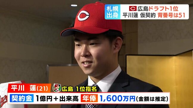 【広島ドラ1】平川蓮(21）が仮契約、背番号51「全力プレーで球場全体を盛り上げていけるように」北海高校野球部監督の父親、母親とともに交渉に臨む|TBS NEWS DIG