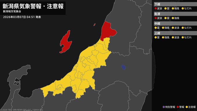 【波浪警報】佐渡市・村上市・粟島浦村は夕方まで高波に警戒を！新潟県|TBS NEWS DIG
