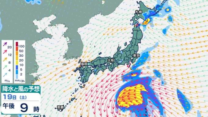 19日午後9時の降水と風の予想