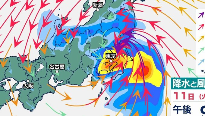 関東甲信に台風15号接近11日午後は荒天ピーク 夜は河川氾濫や低地浸水に警戒 竜巻・ひょうにも注意【風と雨のシミュレーション】 　|　富山のニュース｜天気・防災｜チューリップテレビ