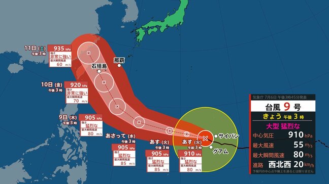 【台風情報】台風9号 沖縄の先島諸島を直撃する進路 最接近時の勢力は「最大瞬間風速70メートル」か 気象庁 (6日午後4時更新)|TBS NEWS DIG
