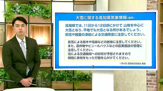 強い寒気の影響 高知県内は11日から12日にかけて山地を中心に大雪、平野部でも積雪のおそれ 早めの対策を|TBS NEWS DIG