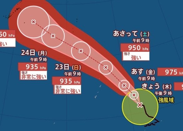 【台風情報】「台風18号(ソウデル)」最大瞬間風速65m/s・中心気圧935hPa予想…週明けに“非常に強い勢力”で日本に接近の可能性　進路予想・今後の雨風シミュレーション【気象庁20日9時50分発表】|TBS NEWS DIG
