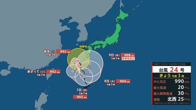 【台風情報】台風24号（クロヴァン）沖縄付近で停滞か　週末にかけて太平洋側を中心に広い範囲大雨の予想【風雨シミュレーション】|TBS NEWS DIG
