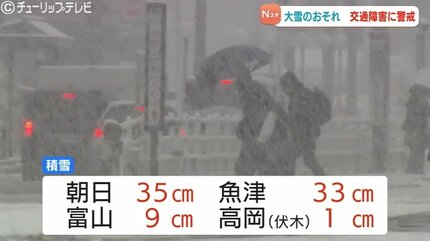 積雪 朝日35㎝魚津33㎝ 3日昼前にかけて大雪に警戒（2日午後4時現在