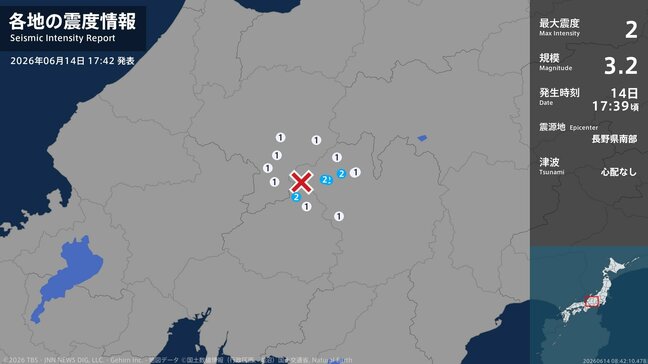 長野県南部を震源 木曽町と王滝村で震度2 14日午後5時39分ごろ|TBS NEWS DIG