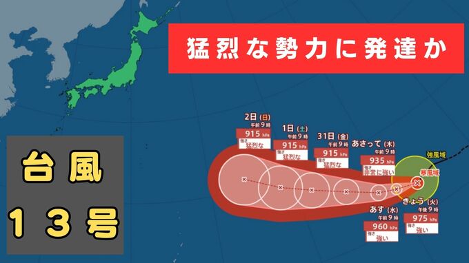 【台風情報】台風13号（ドルフィン）発生　今後「猛烈な」勢力に発達する予想　最大瞬間風速75メートルのおそれも　今後の進路に注意を【気象庁・進路予想】　|　MBSニュース | 関西の最新ニュースを分かりやすく。