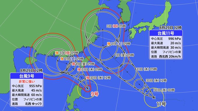 【台風情報】トリプル台風「台風9号」「台風10号」「台風11号」雨風・進路予想　29日13時現在　|　福島のニュース│TUF
