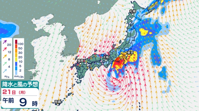 21日午前9時の降水と風の予想