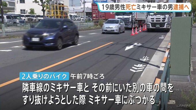 ミキサー車と2人乗りバイクがすり抜け時に衝突　後部座席の男性が落ち死亡　一時逃亡のミキサー車運転手を逮捕へ　バイク運転の19歳を現行犯逮捕　東京・葛飾区|TBS NEWS DIG