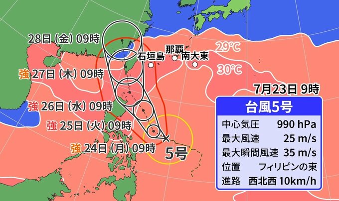 【台風情報・23日9時】台風5号 高い海水温で発達しながら沖縄に接近の見込み　25日には最大瞬間風速70メートルの予想|TBS NEWS DIG