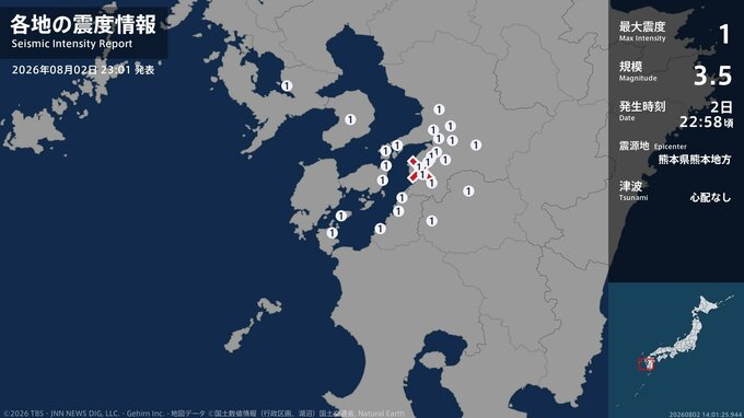 長崎県、熊本県、鹿児島県で最大震度1の地震　長崎県・大村市、雲仙市、熊本県・熊本西区、熊本南区、八代市|TBS NEWS DIG