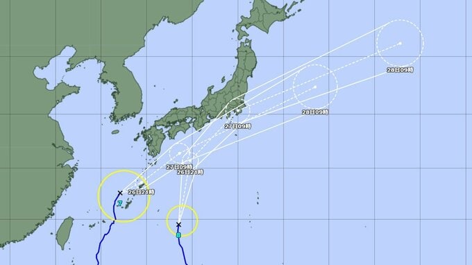 【台風情報】ダブル台風は週末関東に接近の可能性...台風7号(メーカラー)の沖縄への影響は？ 27日には西日本～東日本の太平洋側に接近か　今後の全国の天気を画像で　気象庁【進路予想】　|　山形のニュース│TUYテレビユー山形