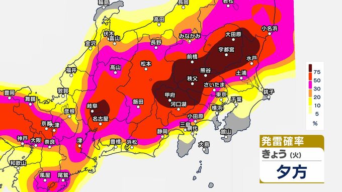 【気象情報】関東甲信　警報級の大雨の可能性　21日（火）夜遅くにかけ　22日（水）昼過ぎから夜遅くにかけ【発雷確率・雨と風のシミュレーション画像】雷を伴った激しい雨が降る所　24時間予想降水量　関東北部・関東南部・甲信80ミリ（～22日午後6時・多い所）（21日午後4時19分・気象庁発表）|TBS NEWS DIG