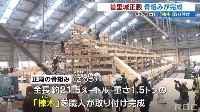 首里城正殿の骨組みが完成　全長21.5メートル重さ1.5トンの「棟木」取り付け　|　沖縄のニュース｜RBC 琉球放送