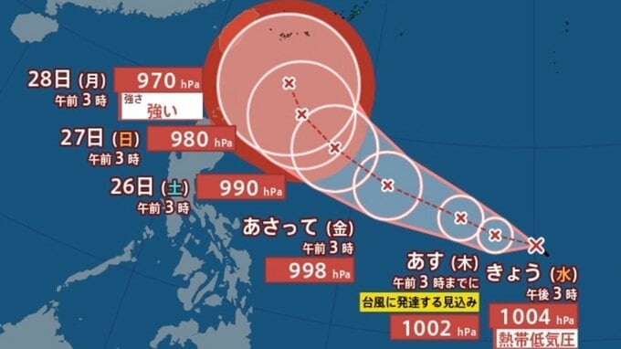 【台風のたまご】新たな「熱帯低気圧b」発生...24時間以内に台風へ発達見込み、27日「沖縄の南」に接近予想...今後の進路、日本への影響は？連休明け10月3日にかけての雨風シミュレーション【気象庁台風情報23日04時25分発表】|TBS NEWS DIG