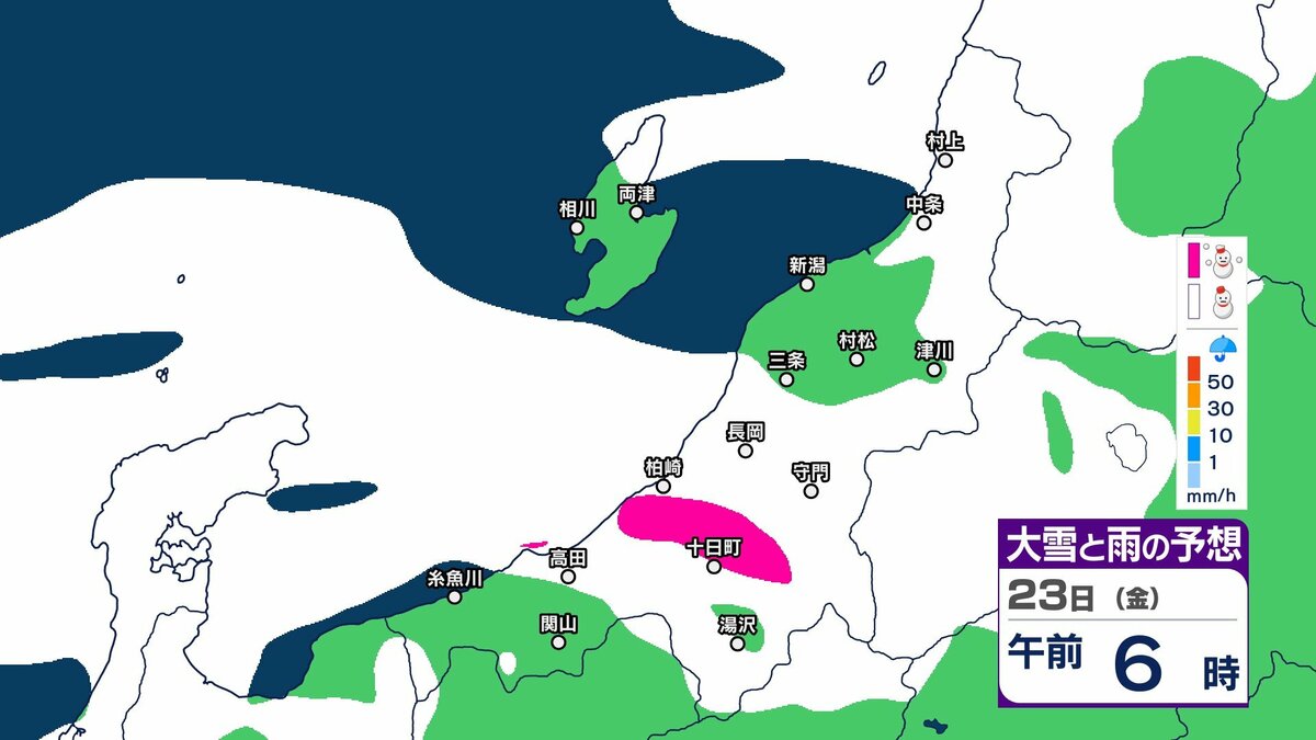 サムネイル_【 新潟の雪は? 】あす23日朝までに中越山沿い100cm、平地60cmの予想降雪量 その後も各地で大雪続き降雪量増える見込み【23日午後9時までの雪シミュレーション・22日午前9時30分更新】