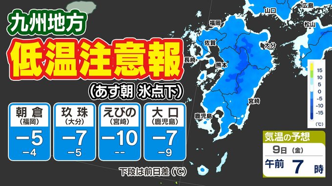 【九州に低温注意報】あす朝「路面凍結」「水道管凍結」に注意【予想最低気温 ／ 九州各都市の週間予報（３連休は？）】福岡・佐賀・長崎・大分・熊本・宮崎・鹿児島|TBS NEWS DIG