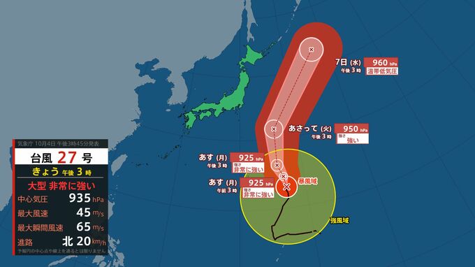 【台風情報】台風27号(チョーイワン)大型で非常に強い勢力で小笠原近海を北に進行中　7日にも日本のはるか東へ北上か(4日午後3時現在)|TBS NEWS DIG