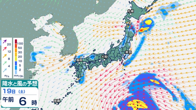 19日午前6時の降水と風の予想